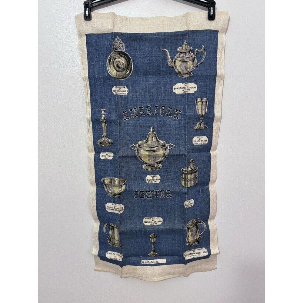 Vintage American Pewter Pieces Linen Tea Towel Blue Grey Cream 31x16